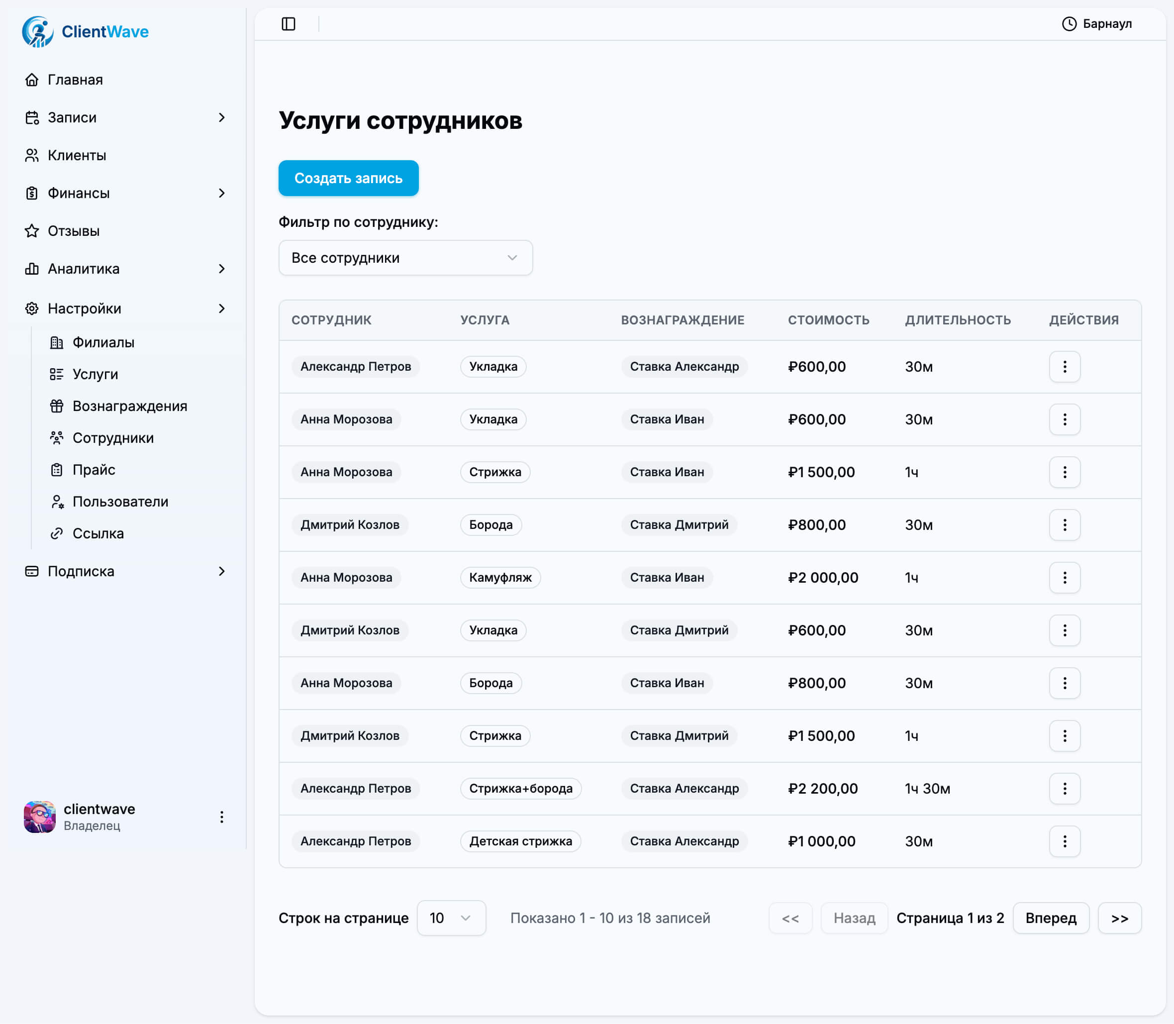 Список услуг сотрудника