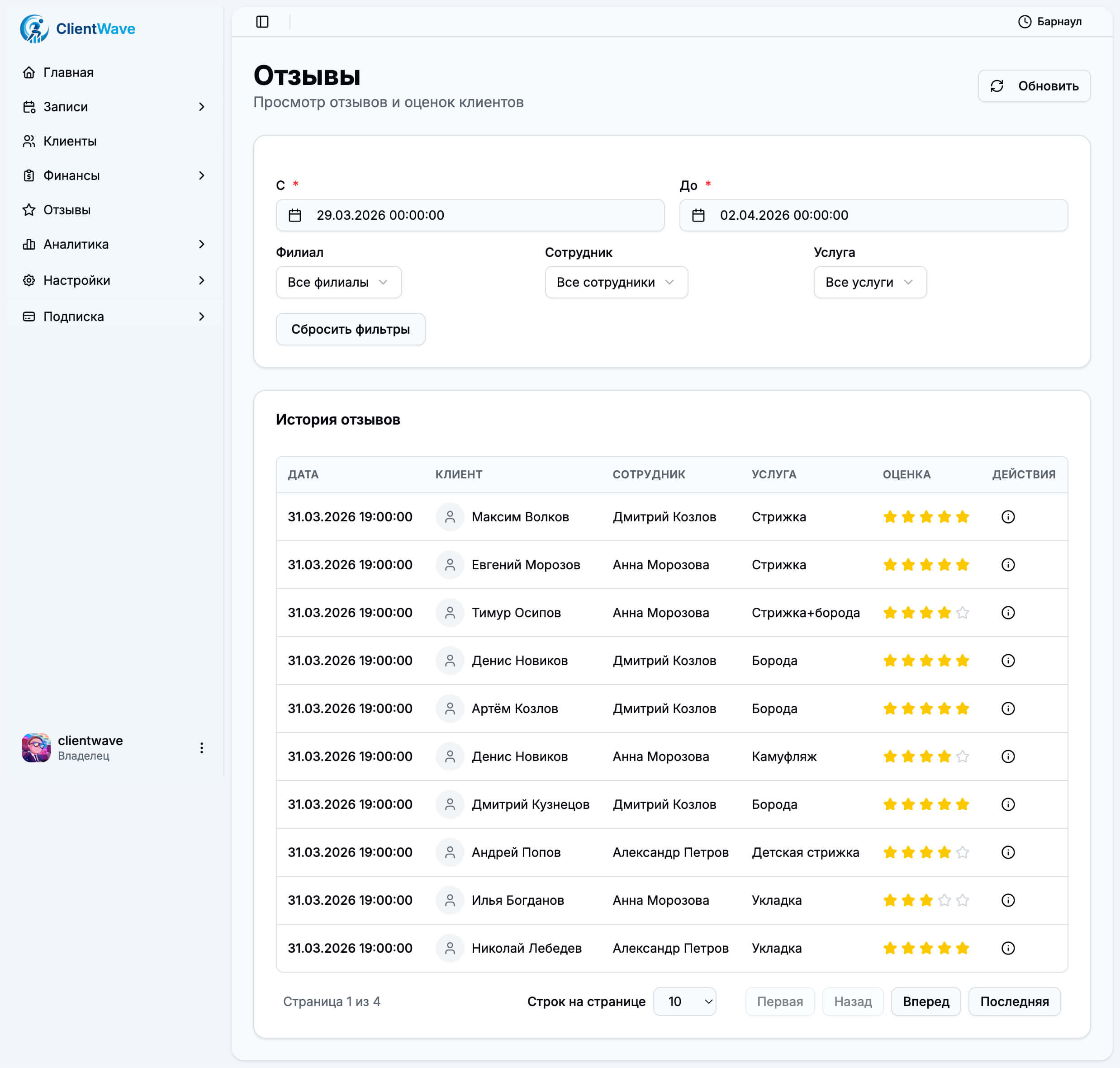 Список отзывов
